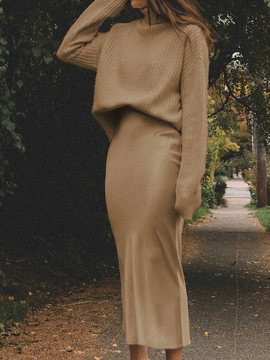 Fashion Casual Solid Color Loose High Neck Two-piece Suit