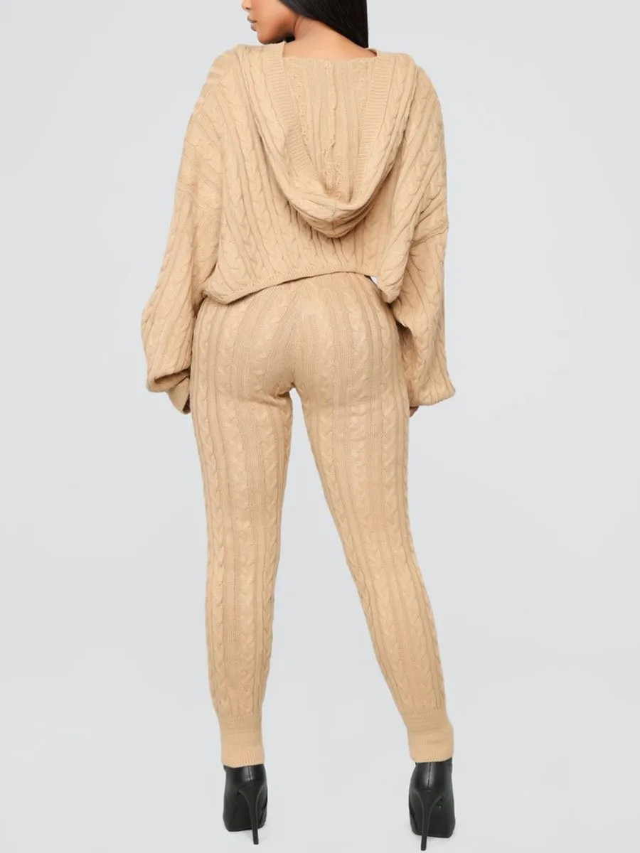 Fashion Casual V-Neck Hooded Solid Color Long Sleeve Suit