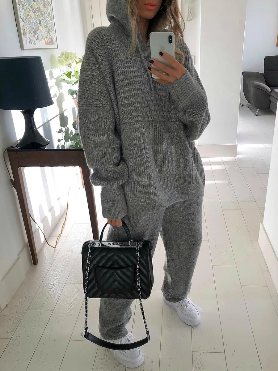Fashion Hooded Knitted Solid Color Loose Two-piece Suit