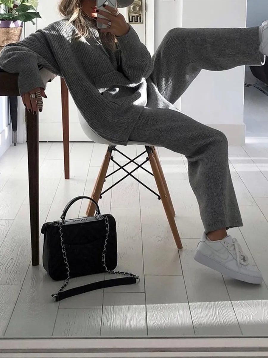 Fashion Hooded Knitted Solid Color Loose Two-piece Suit