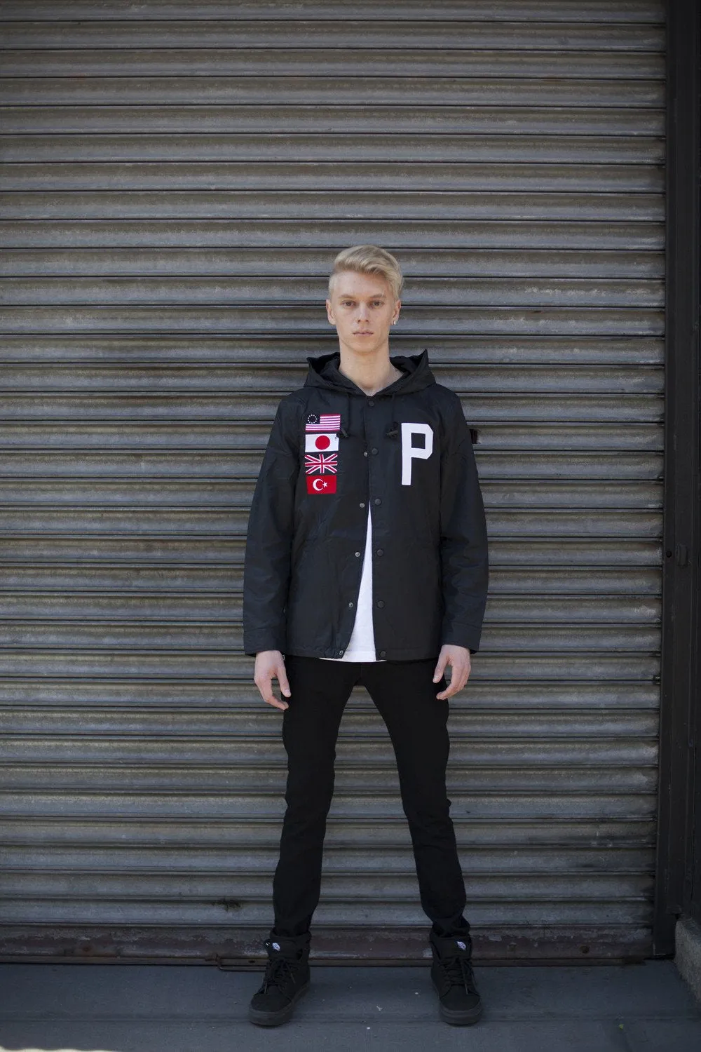 Four Flag Worldwide Hooded Windbreaker Coach Jacket in Black