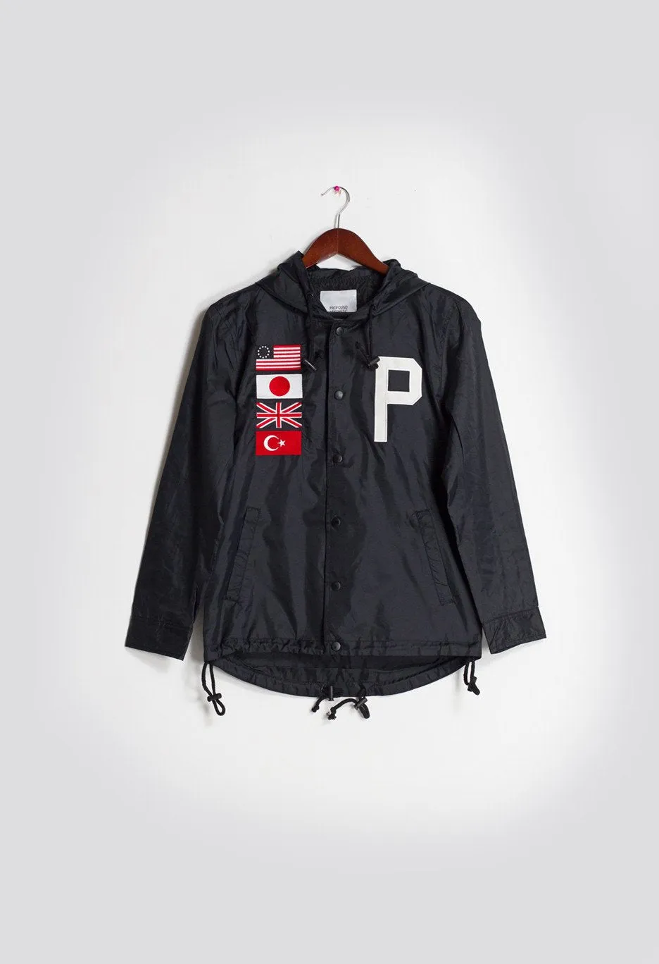 Four Flag Worldwide Hooded Windbreaker Coach Jacket in Black