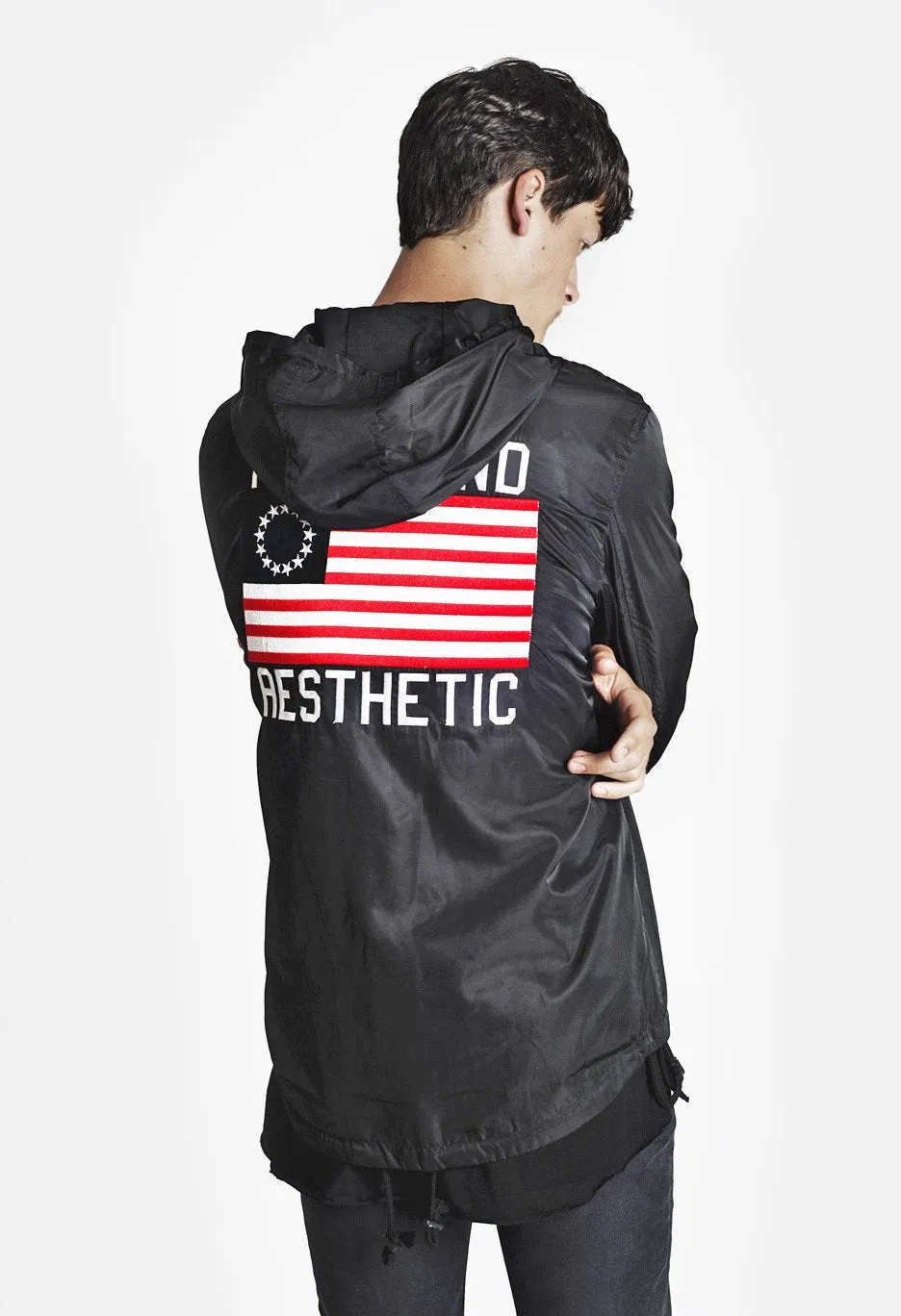 Four Flag Worldwide Hooded Windbreaker Coach Jacket in Black