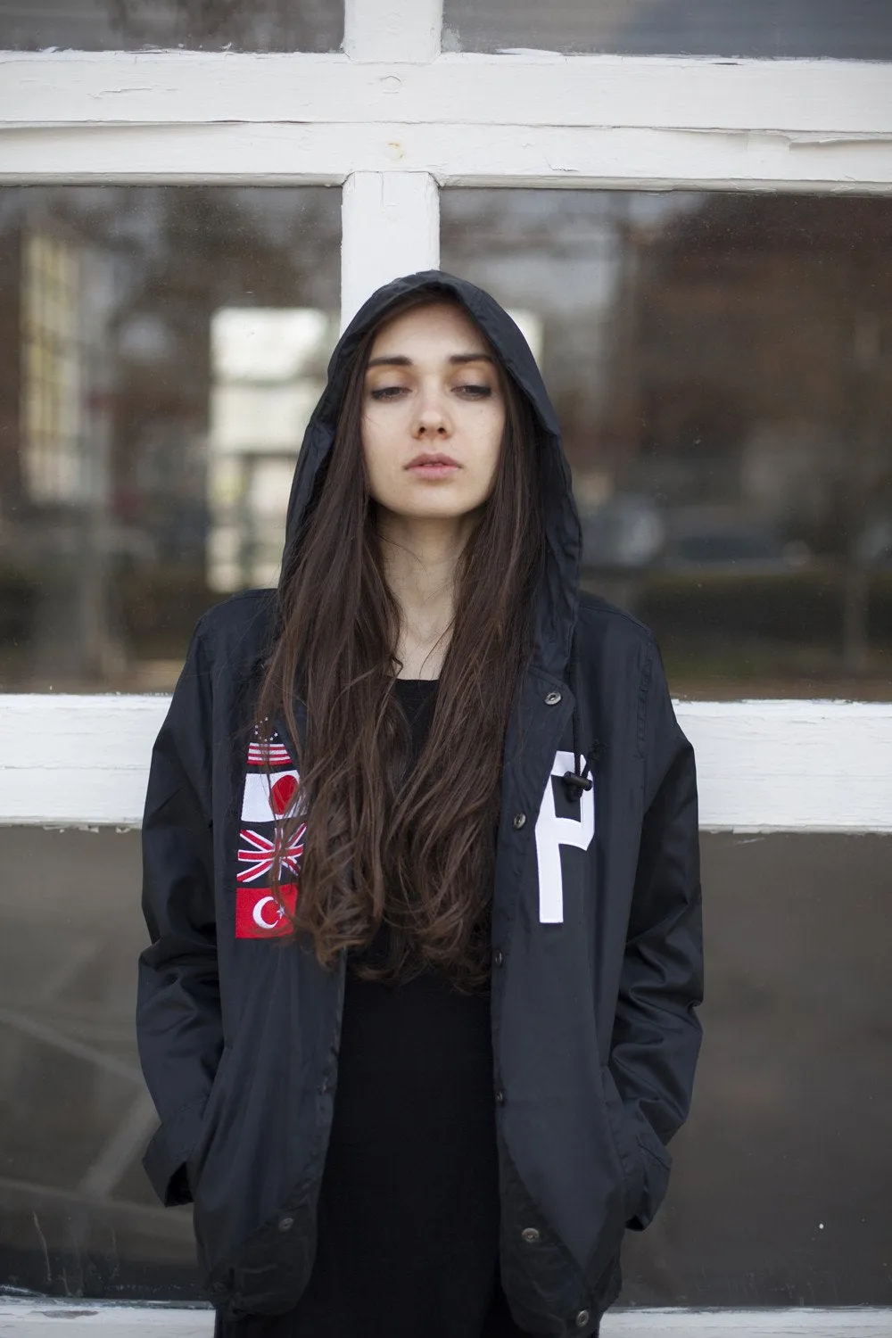 Four Flag Worldwide Hooded Windbreaker Coach Jacket in Black