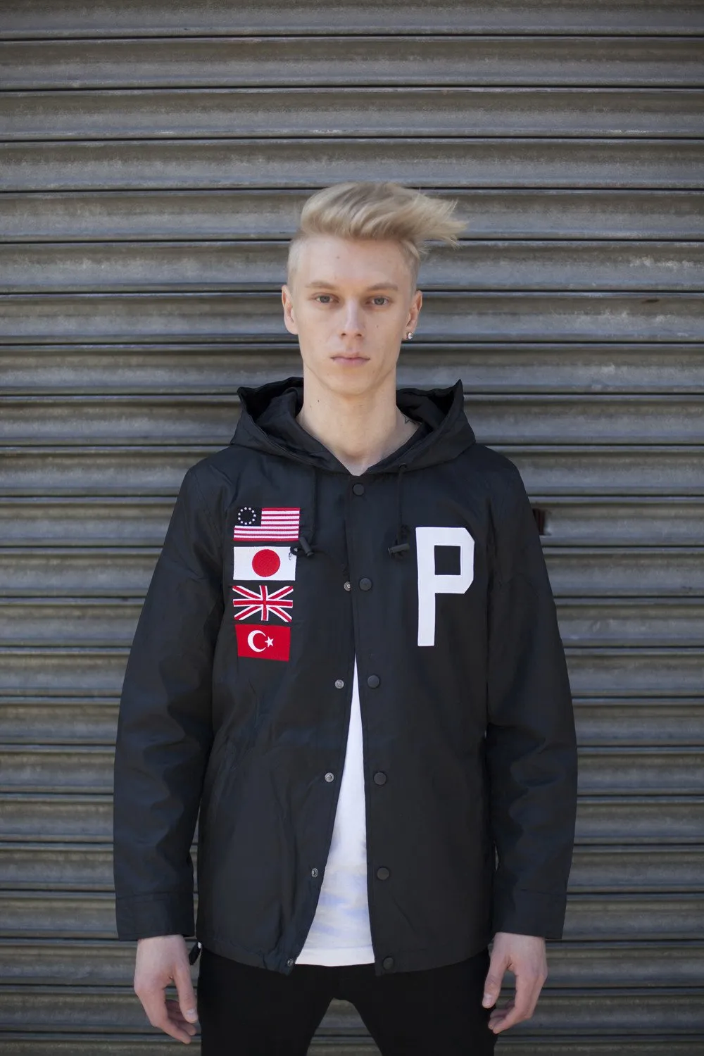 Four Flag Worldwide Hooded Windbreaker Coach Jacket in Black