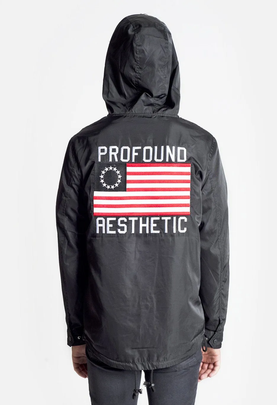 Four Flag Worldwide Hooded Windbreaker Coach Jacket in Black