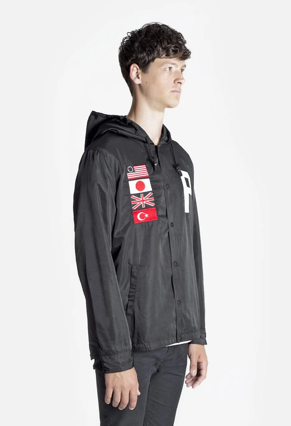 Four Flag Worldwide Hooded Windbreaker Coach Jacket in Black
