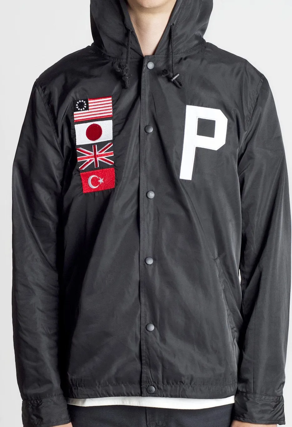 Four Flag Worldwide Hooded Windbreaker Coach Jacket in Black
