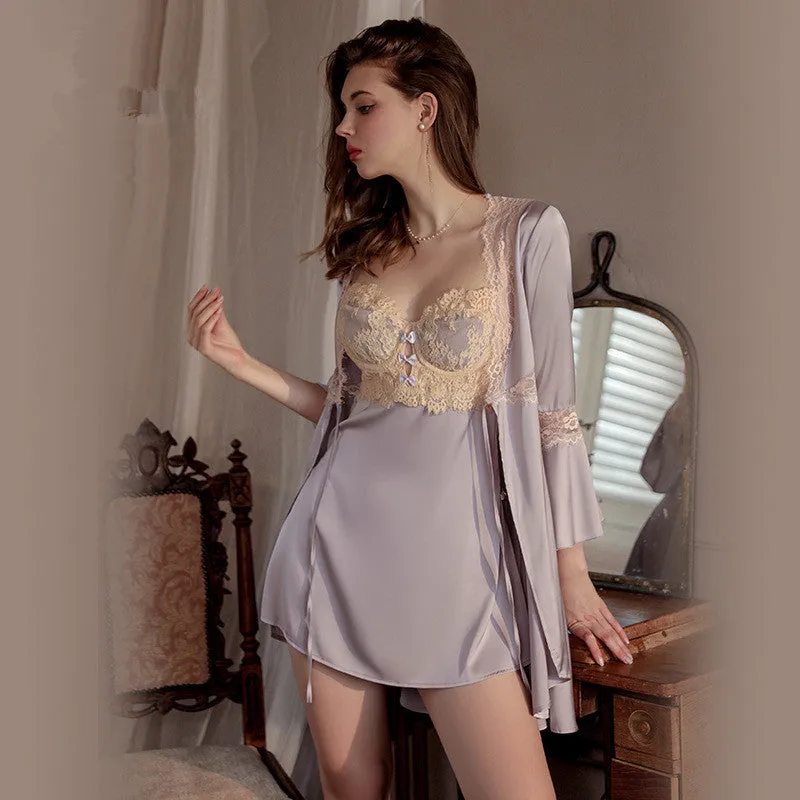 French Deep V Lace Satin Nightgown 1701
