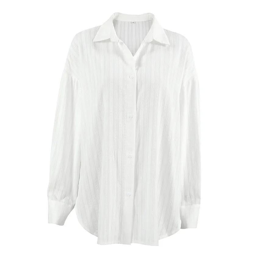 French White Convex Jacquard Collared Loose Shirt Summer Arrival Office Cardigan for Women
