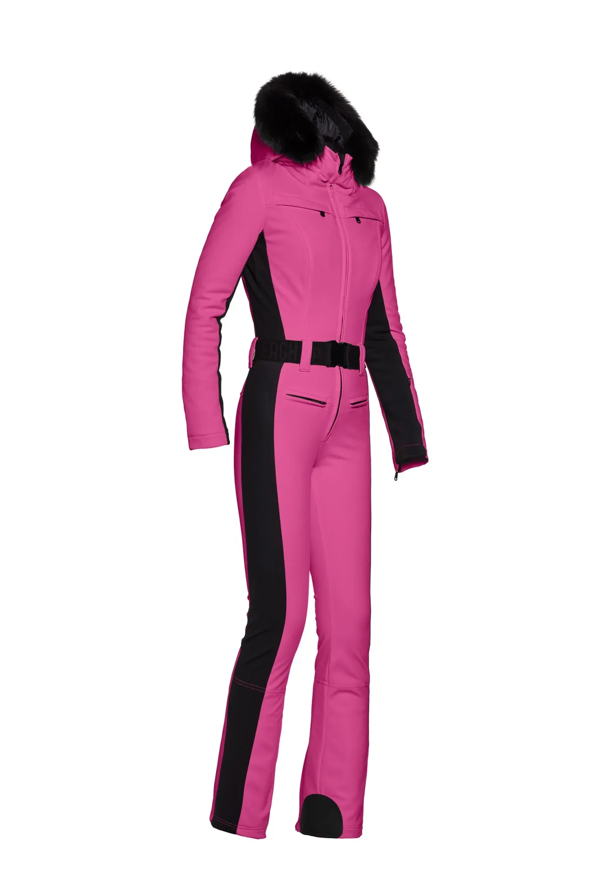 Goldbergh Parry One Piece Ski Suit in Pink with Real Fur Hood