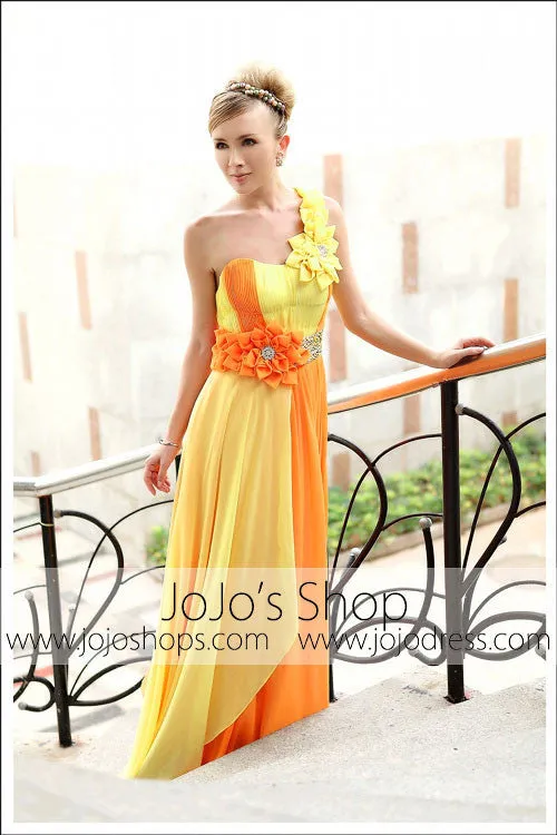 Grecian Orange Yellow One Shoulder Prom Formal Evening Dress DQ830213