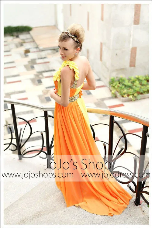 Grecian Orange Yellow One Shoulder Prom Formal Evening Dress DQ830213