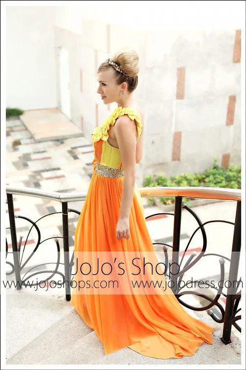 Grecian Orange Yellow One Shoulder Prom Formal Evening Dress DQ830213