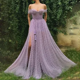 Handmade Heavy Pearls Sweetheart A-line Lilac Prom Dresses  High Slit Women Formal Evening Gowns robes de soirée