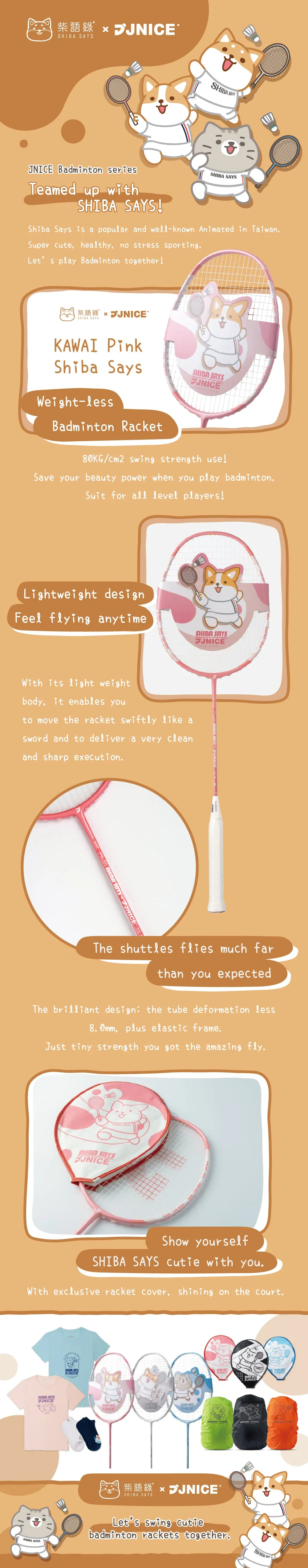JNICE Shiba Kawaii Pink Badminton Racket with Enhanced Performance Features
