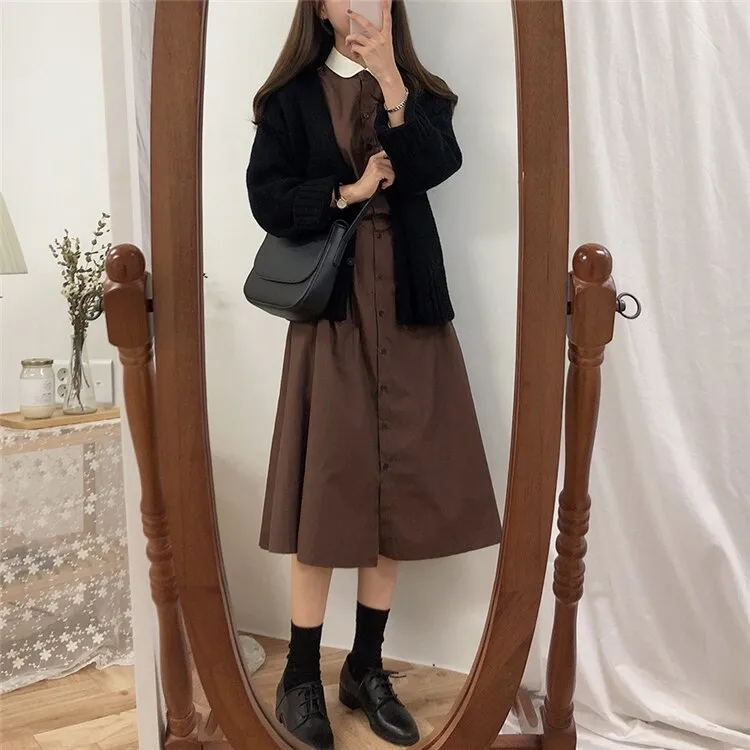 Joskka  New Spring Summer Women Dresses Fashionable Peter Pan Collar Single Breasted Vintage High Waist Casual Long Dress