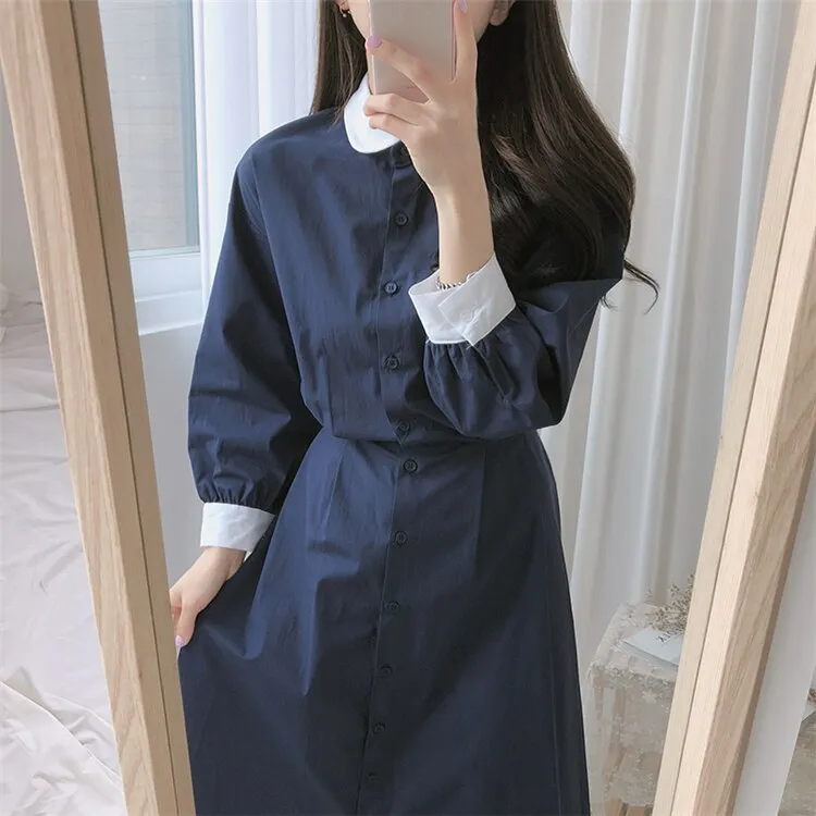 Joskka  New Spring Summer Women Dresses Fashionable Peter Pan Collar Single Breasted Vintage High Waist Casual Long Dress