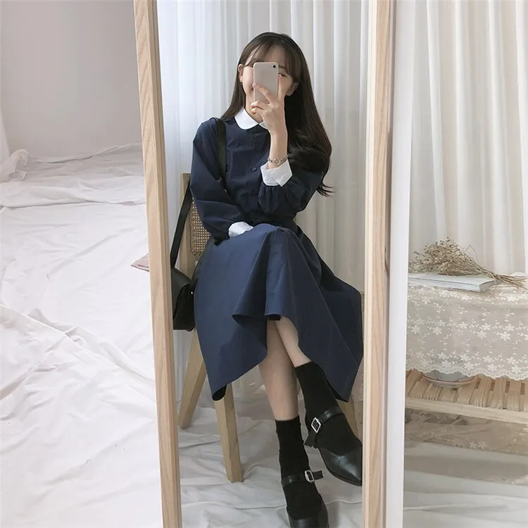 Joskka  New Spring Summer Women Dresses Fashionable Peter Pan Collar Single Breasted Vintage High Waist Casual Long Dress