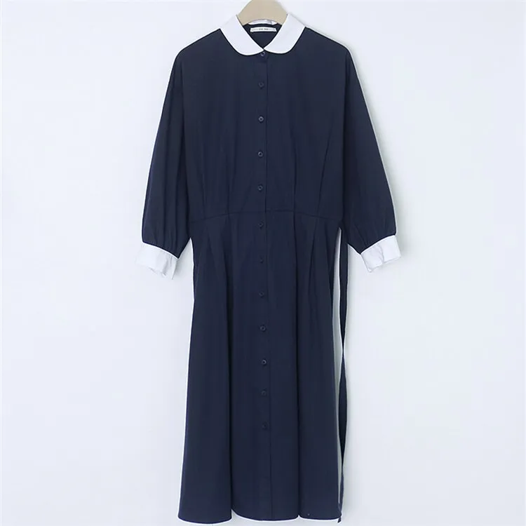 Joskka  New Spring Summer Women Dresses Fashionable Peter Pan Collar Single Breasted Vintage High Waist Casual Long Dress