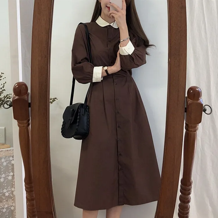 Joskka  New Spring Summer Women Dresses Fashionable Peter Pan Collar Single Breasted Vintage High Waist Casual Long Dress