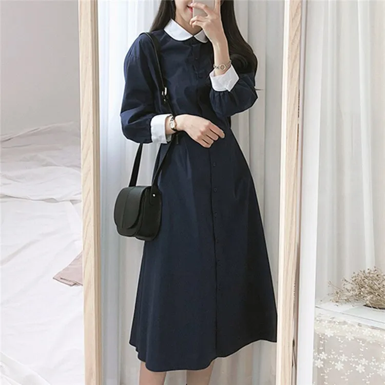 Joskka  New Spring Summer Women Dresses Fashionable Peter Pan Collar Single Breasted Vintage High Waist Casual Long Dress