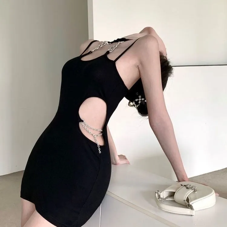 Lady Hollow Out Chains Halter Backless Sleeveless Dress