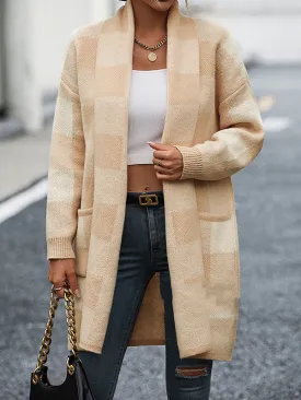Long Sleeves Loose Contrast Color Plaid Cardigan Coats