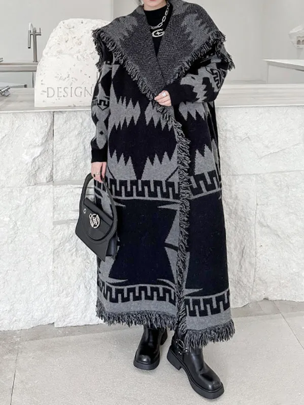 Long Sleeves Loose Contrast Color Tasseled Lapel Cardigan Coats