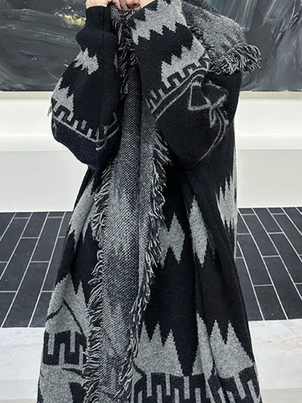 Long Sleeves Loose Contrast Color Tasseled Lapel Cardigan Coats