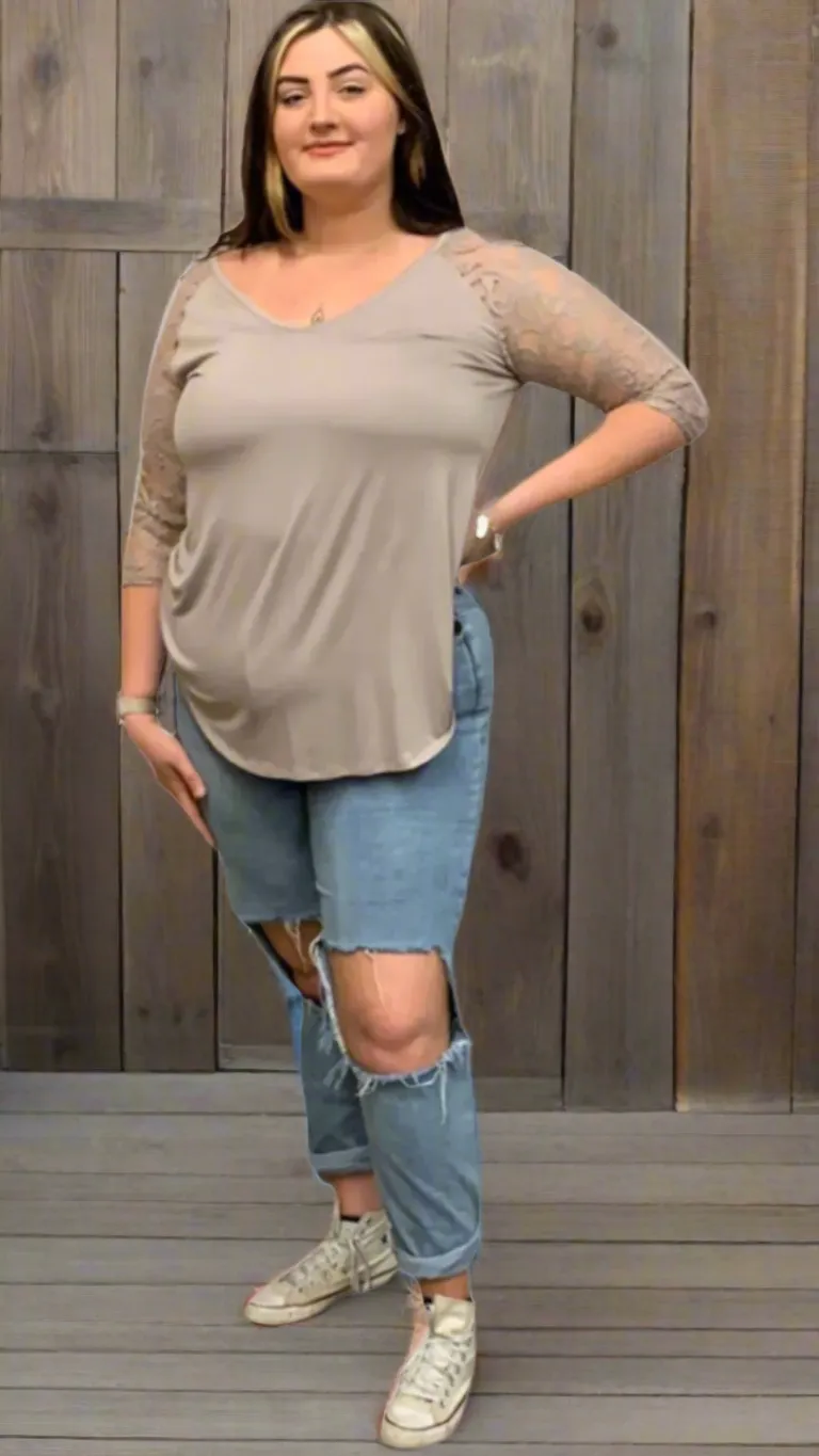 Luxe Rayon Lace Sleeve V-Neck Dolphin Hem Top