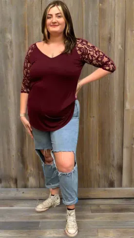 Luxe Rayon Lace Sleeve V-Neck Dolphin Hem Top