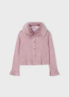 Mayoral Girls Rose Pink Fur Collar Cardigan