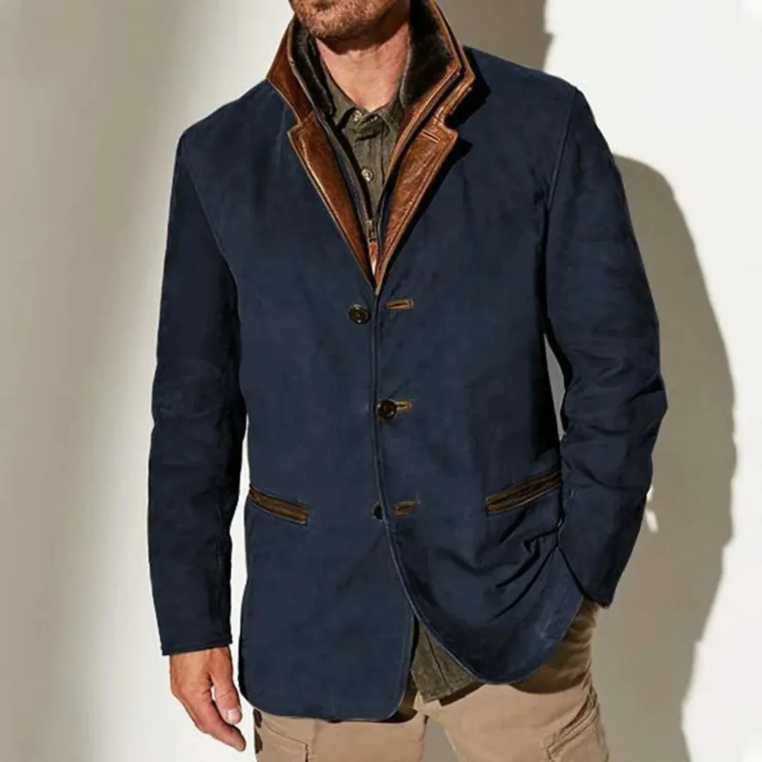 Mens Suede Jacket  Tailored Fit  Leather Trim  3-Button Front  Flap Pockets