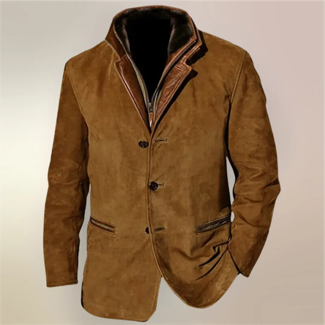 Mens Suede Jacket  Tailored Fit  Leather Trim  3-Button Front  Flap Pockets