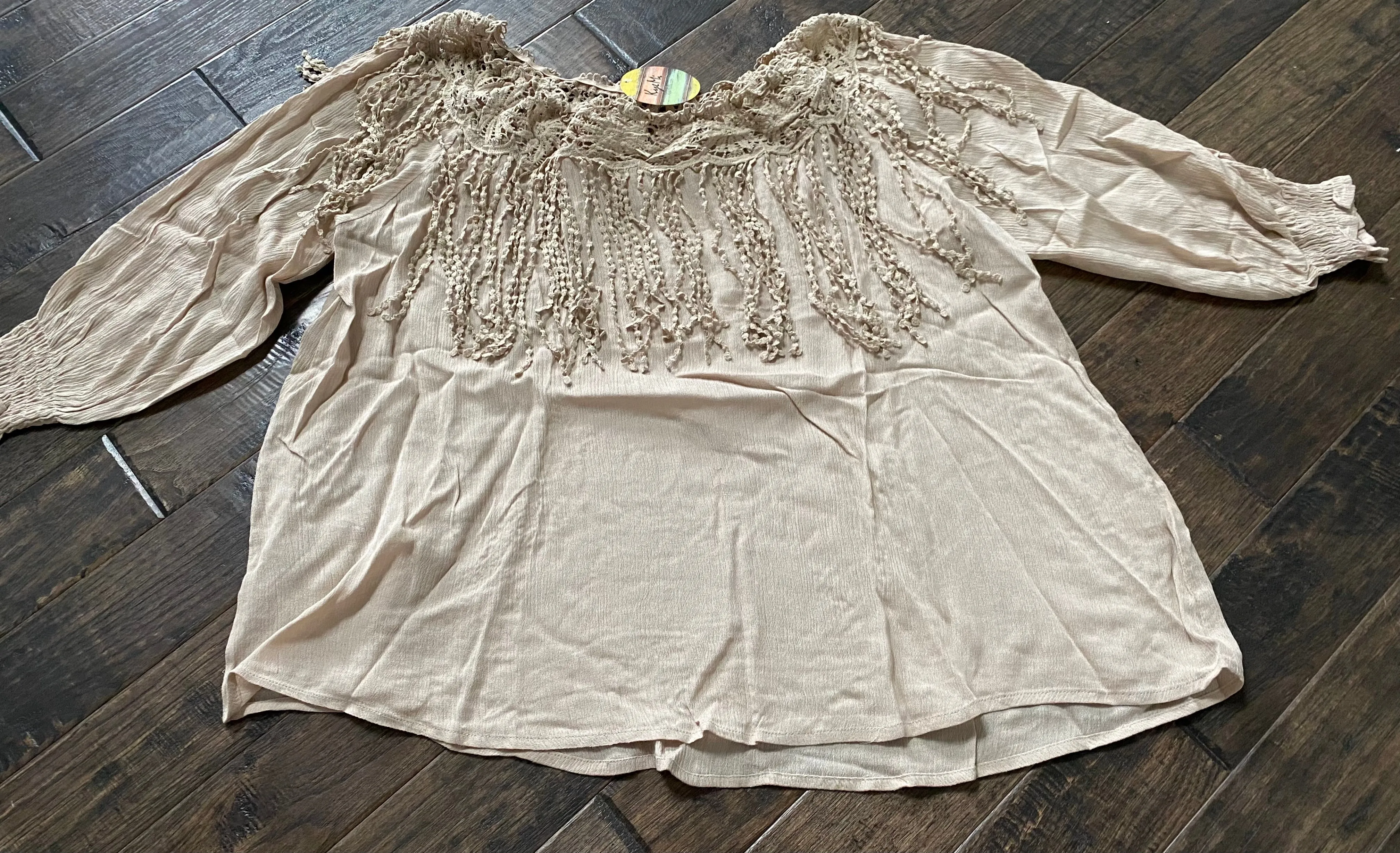 OFF SHOULDER 3/4 SLEEVE TOP WITH CROCHET LACE