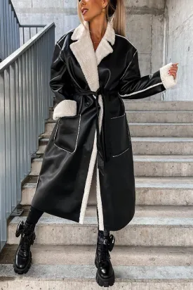 Own The World Faux Leather Teddy Lined Belt Midi Coat
