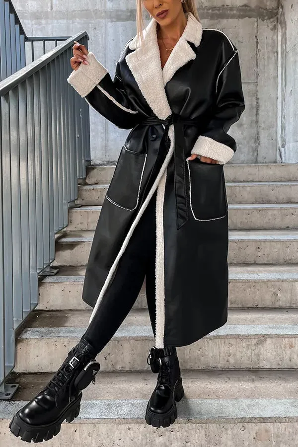 Own The World Faux Leather Teddy Lined Belt Midi Coat