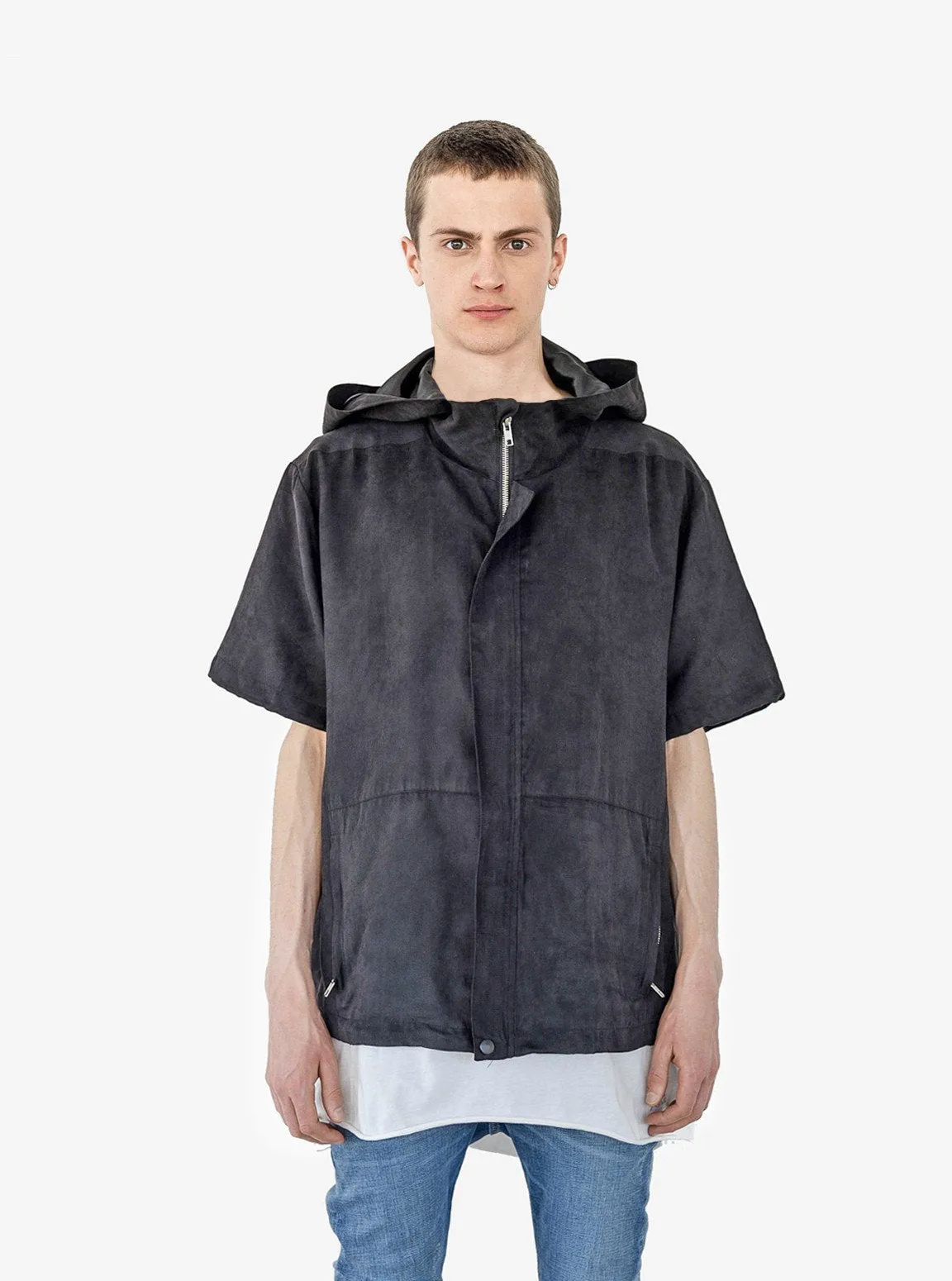 Poly-Suede Short-Sleeve Jacket in Black