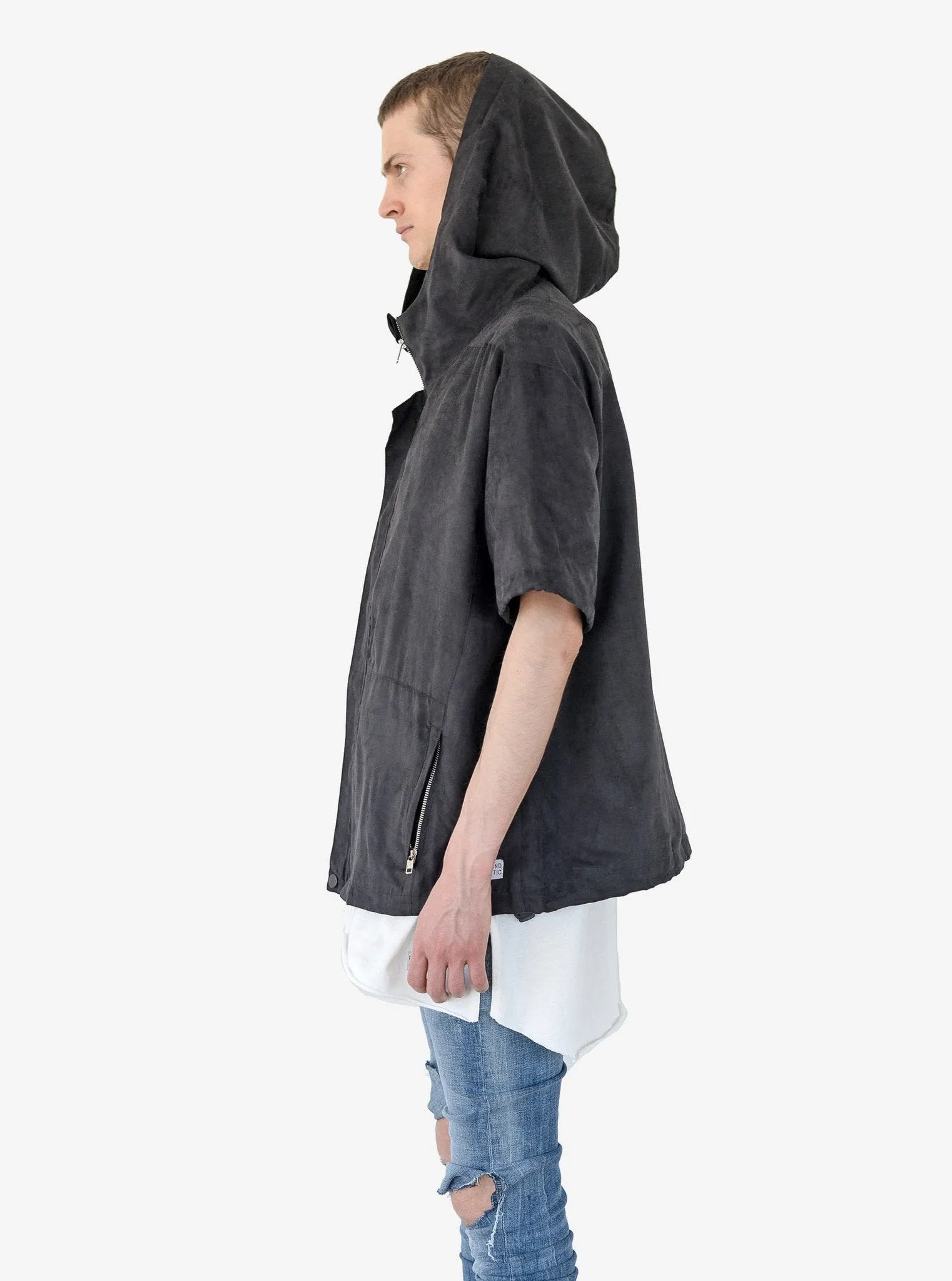 Poly-Suede Short-Sleeve Jacket in Black