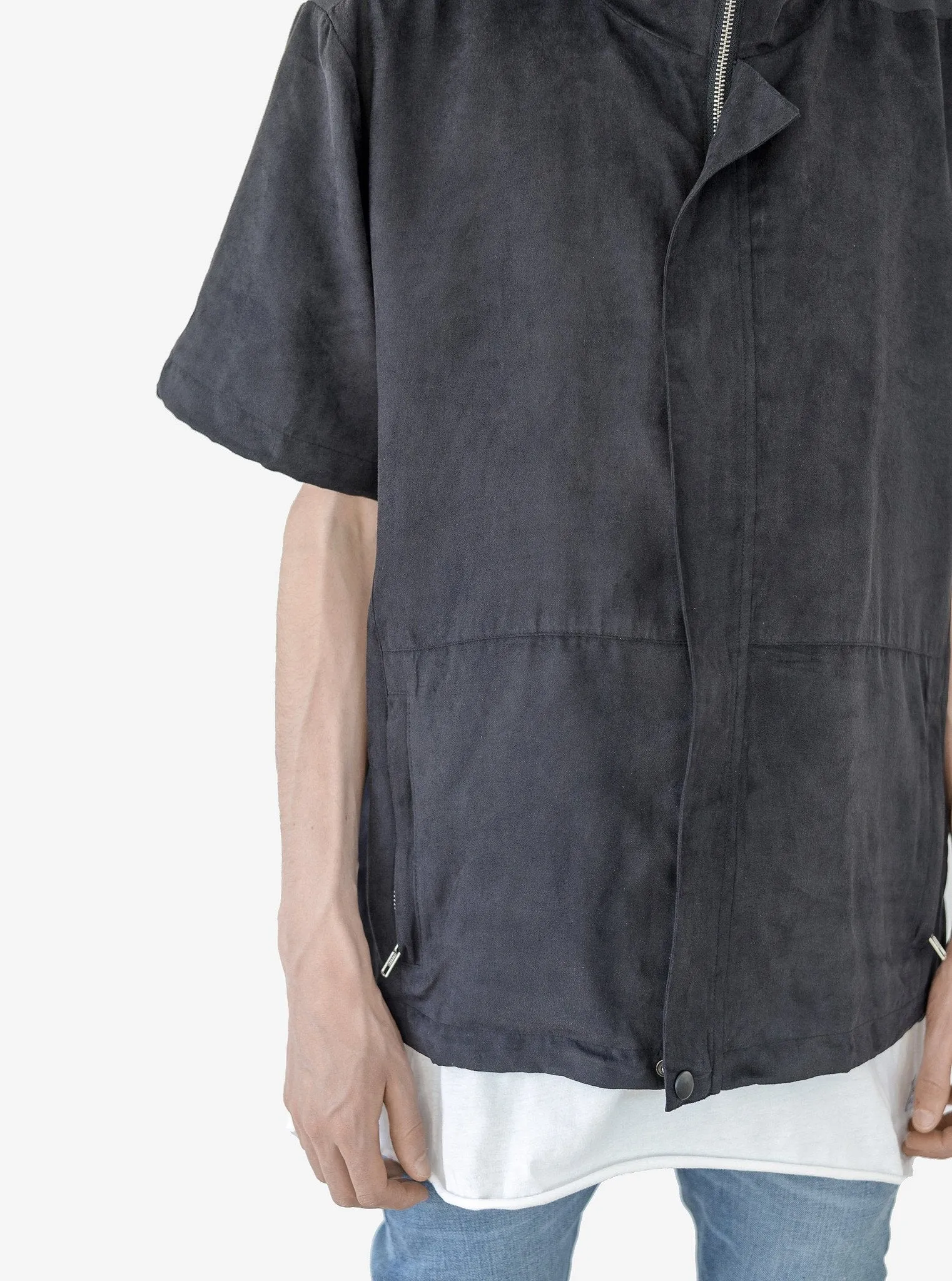 Poly-Suede Short-Sleeve Jacket in Black