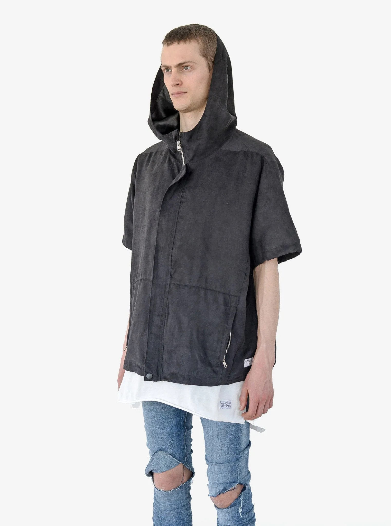Poly-Suede Short-Sleeve Jacket in Black