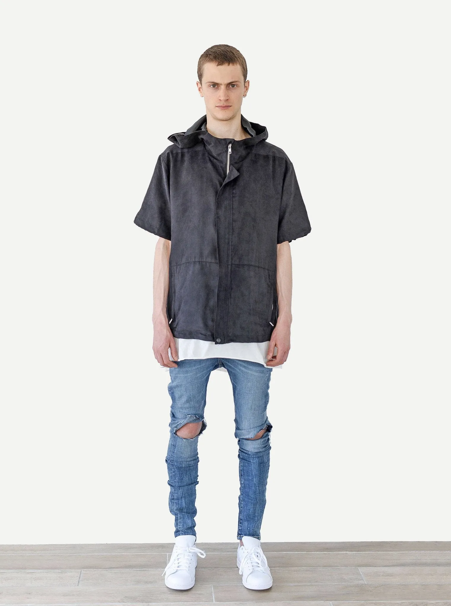 Poly-Suede Short-Sleeve Jacket in Black