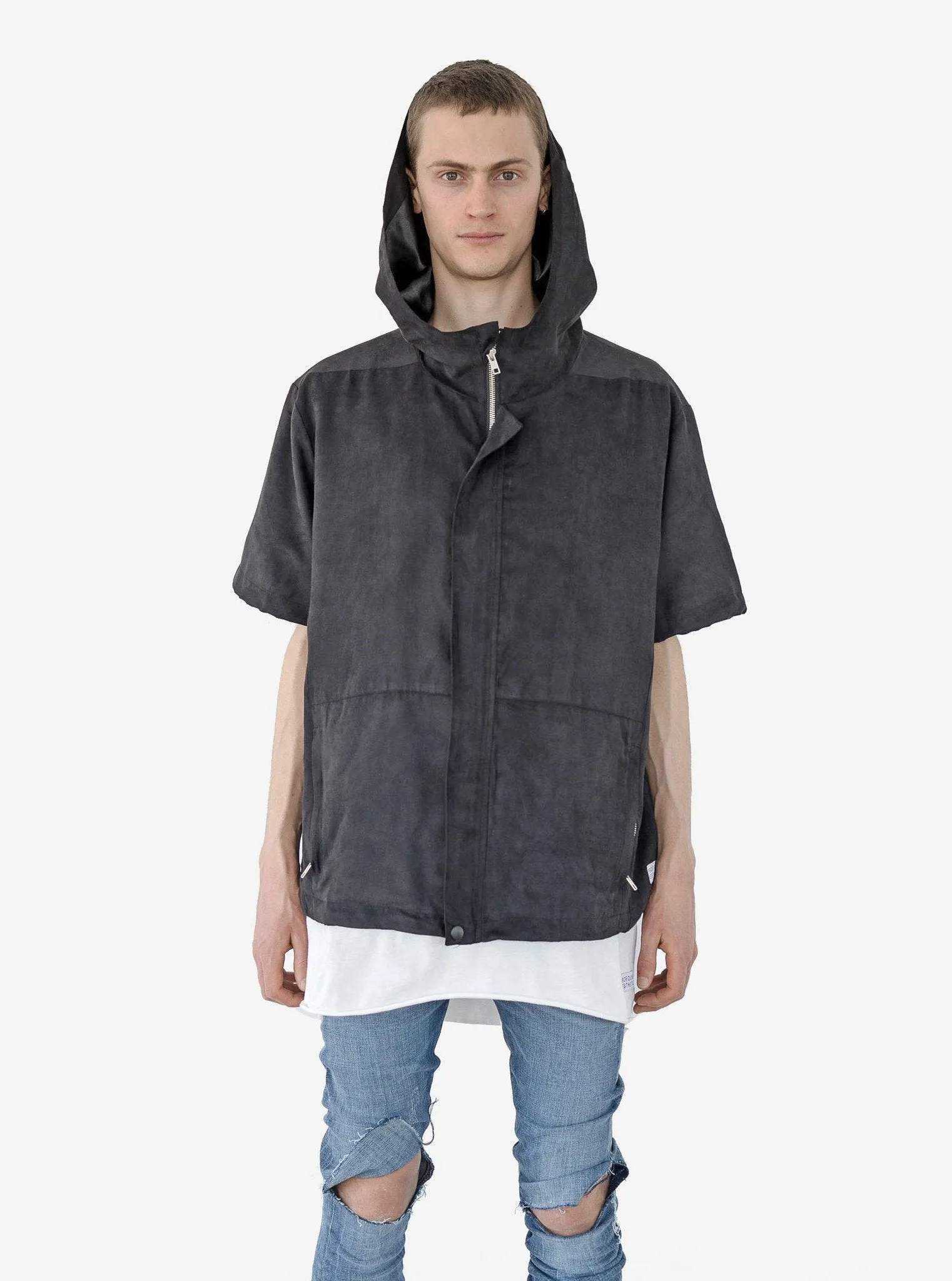 Poly-Suede Short-Sleeve Jacket in Black