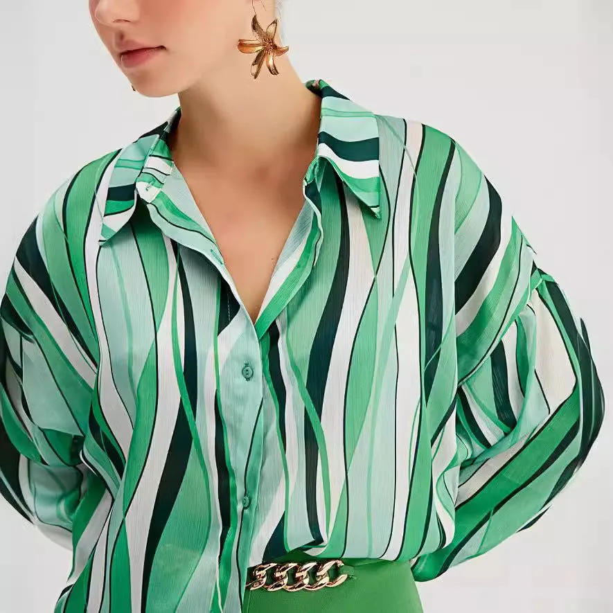 Shirt Vertical Stripes Loose Cardigan Digital Printing Personality Street Shirt for Women