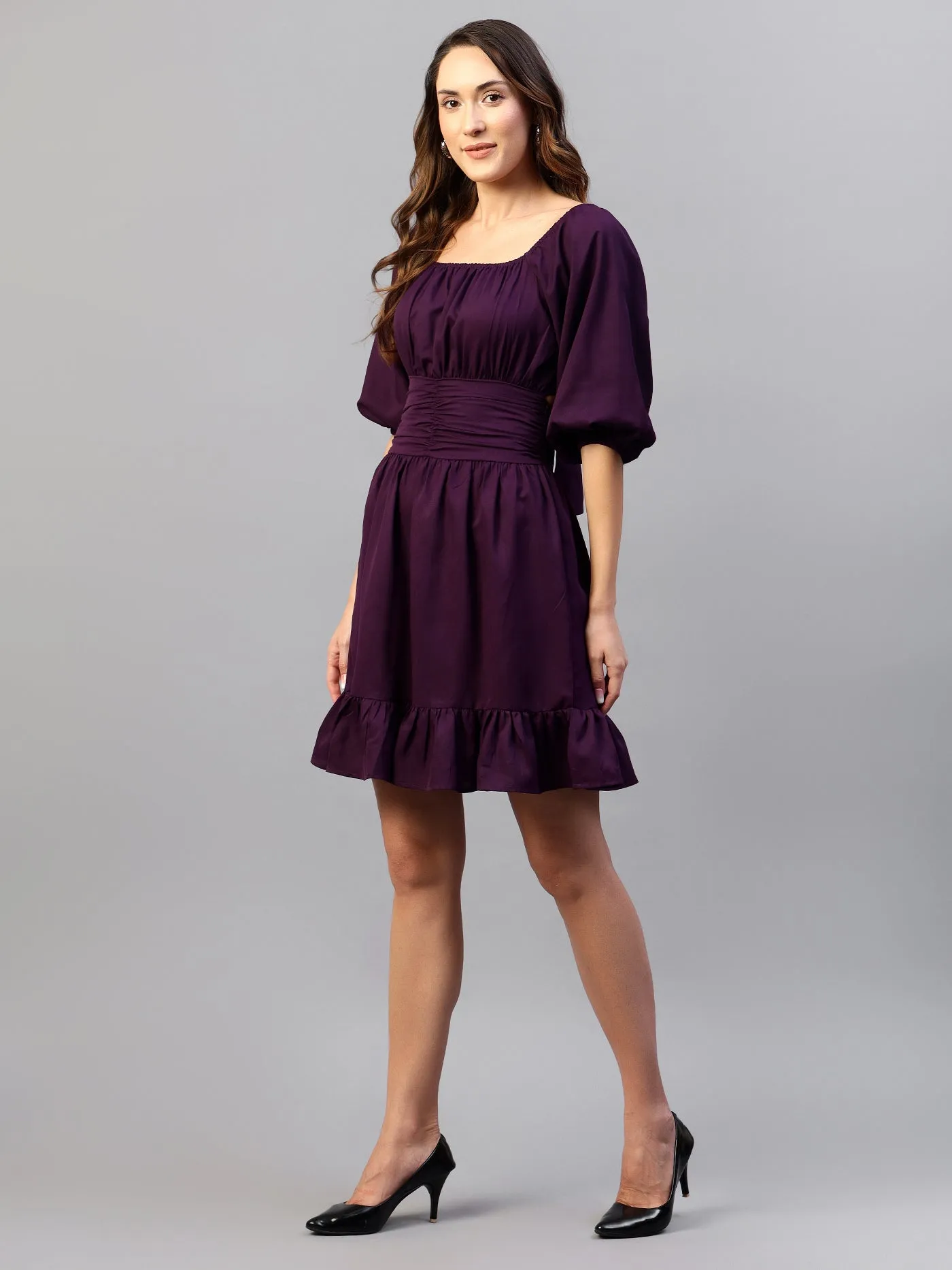 Square Neck Puff Sleeves Smocked Fit & Flare Dress