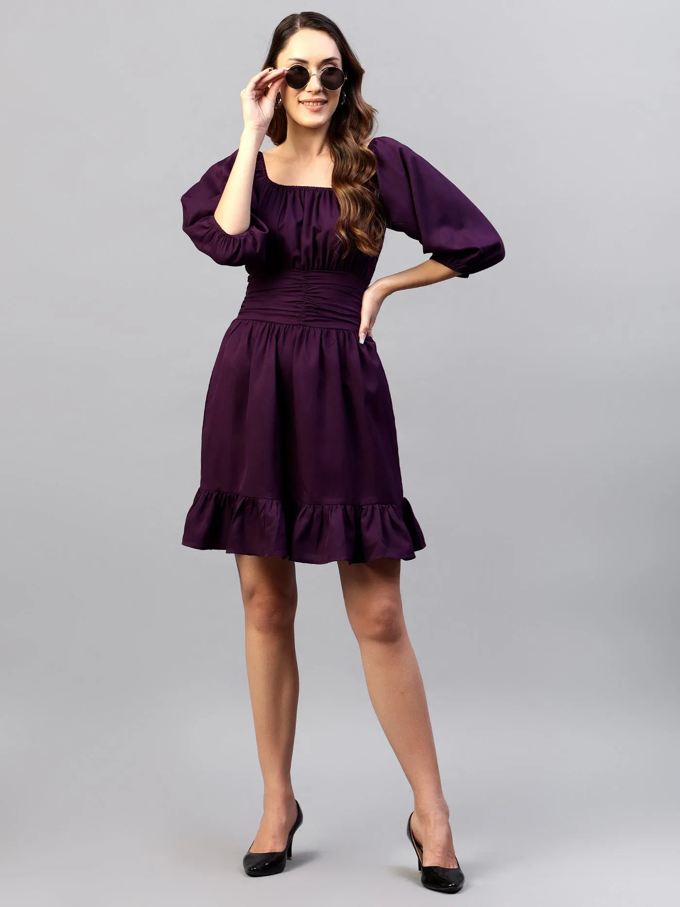 Square Neck Puff Sleeves Smocked Fit & Flare Dress