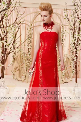 Strapless Red Lace Slim A-line Evening Dress CX830361