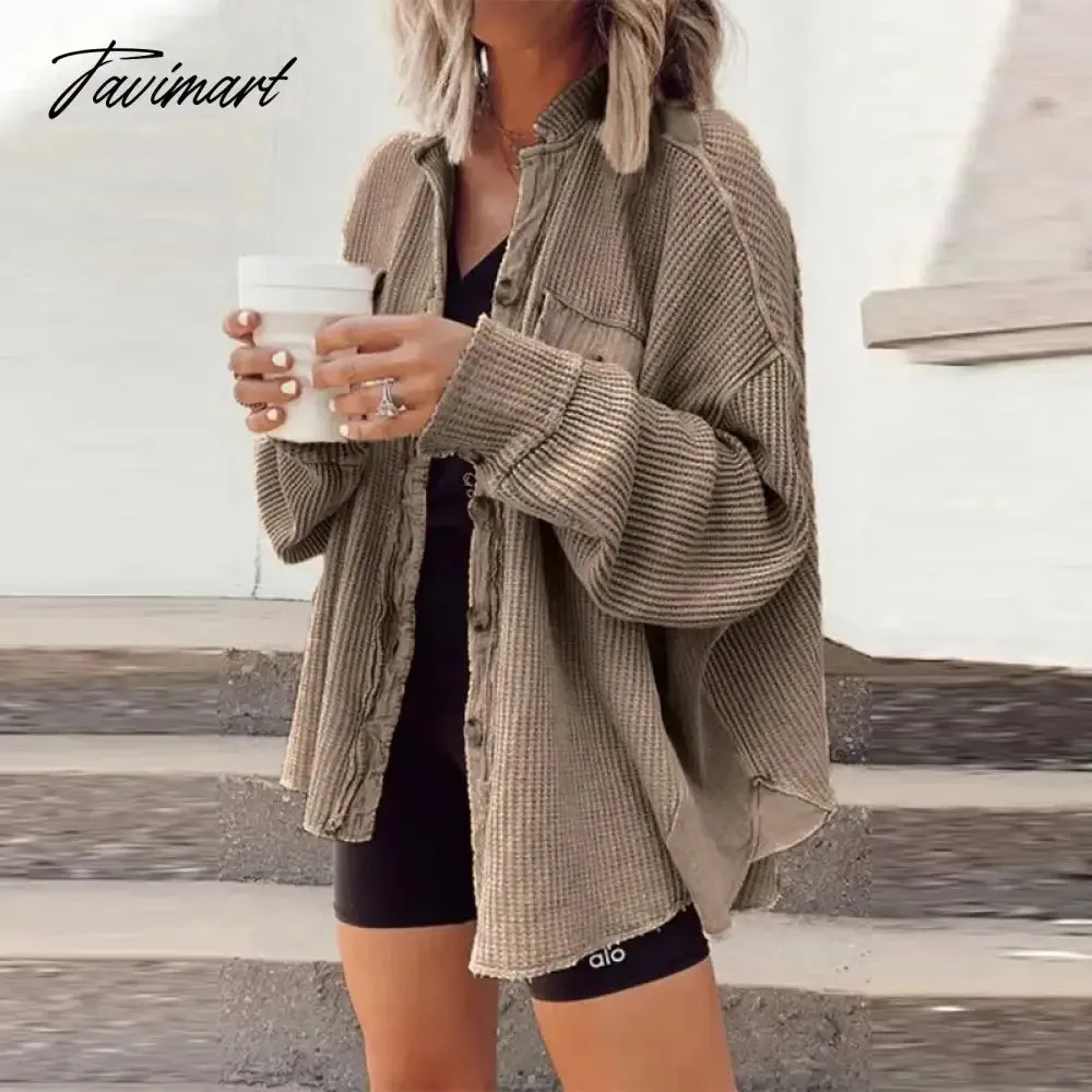 Tavimart Elegant Solid Color Ribbed Tops Lady Jackets Autumn Winter Fashion Breasted Button Women Coats Casual Loose Long Sleeve Outwears