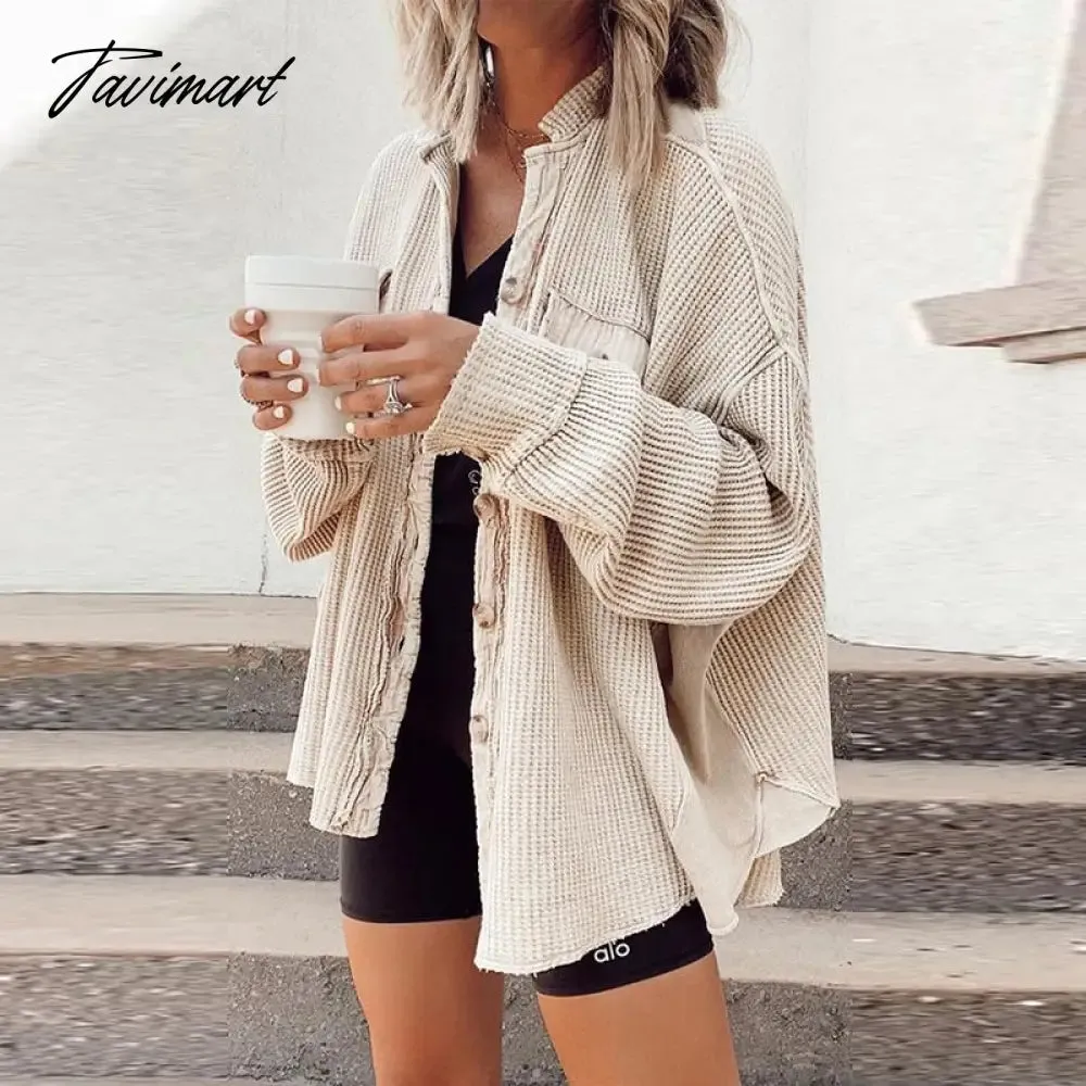 Tavimart Elegant Solid Color Ribbed Tops Lady Jackets Autumn Winter Fashion Breasted Button Women Coats Casual Loose Long Sleeve Outwears